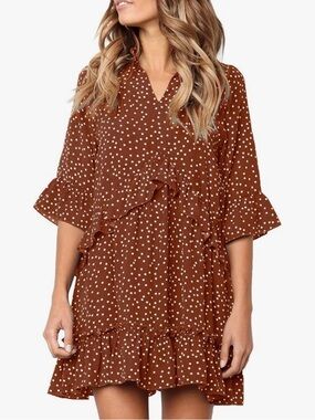 mitilly Amazon Womens Polka Dot Ruffle Mini Dress - Brown XL